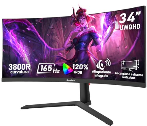 Gawfolk Monitor Gaming Curvo Ultrawide 34 Pollici 165Hz, Schermo PC 3800R 21:9 UWQHD (3440x1440), 120% sRGB, 1ms, Adaptive Sync, Display Port, HDMI, Regolabile in Altezza, Altoparlanti Integrati -Nero