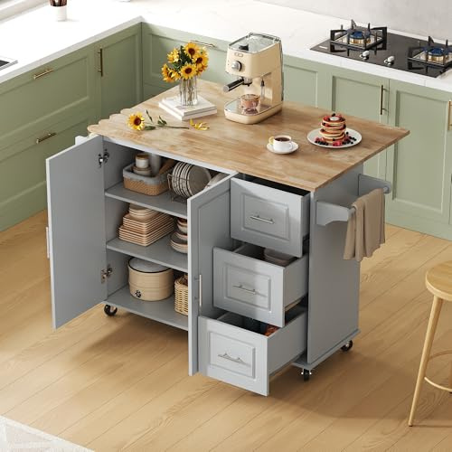 NuvlaGu Isla grande de cocina con ruedas con encimera de roble plegable, 3 cajones, toallero y armario, 137 x 43 x 92 cm, color gris – Multifuncional para cocina y comedor