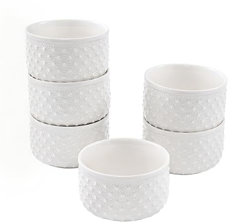 Yebaohond 4 Inch White Ceramic Bowls Set of 6, 10oz/300ml Embossed Cereal Bowls, 3.94 Diameter 2.36 Height Soup Bowls for Rice, Salad, Snack, Microwave & Dishwasher Safe (Without Cover)