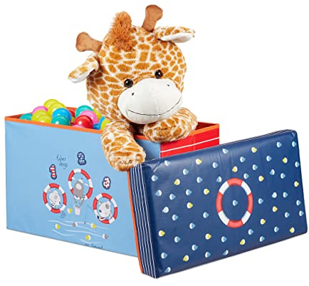 Relaxdays Sitzbox Kinder, Faltbare Aufbewahrungsbox mit Stauraum, Deckel, Motiv Meer, Jungen & Mädchen, 50 Liter, blau