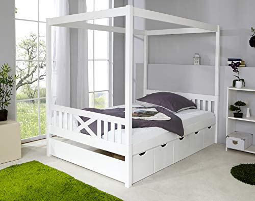 TiCAA Kinderbett Himmelbett mit Schubkasten 140x200 cm, für Jungen & Mädchen, Montessori Bett weiß aus Kiefer Massivholz