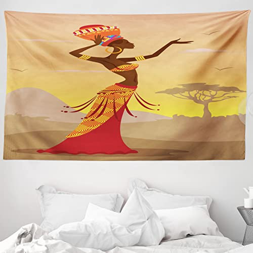ABAKUHAUS Afrikanisch Wandteppich, Kreative Frau in der Wüste Möwen fliegen um Folk weiblichen Druck, aus Weiches Mikrofaser Stoff Wand Dekoration Für Schlafzimmer, 230 x 140 cm, Bernsteinfarben