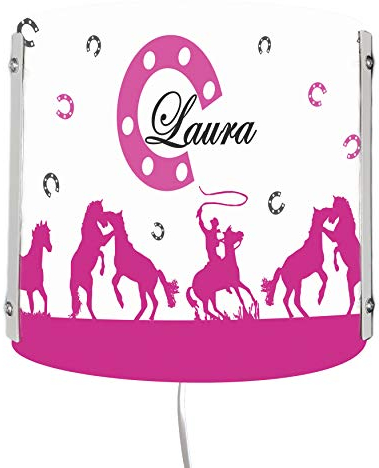 CreaDesign WA-1111-36, Cowboy Pferde pink, Kinderzimmer Wandlampe personalisiert mit Namen, Nachtlicht/Schlummerlicht für Steckdose, E14, 22 x 22,5 x 8,5 cm