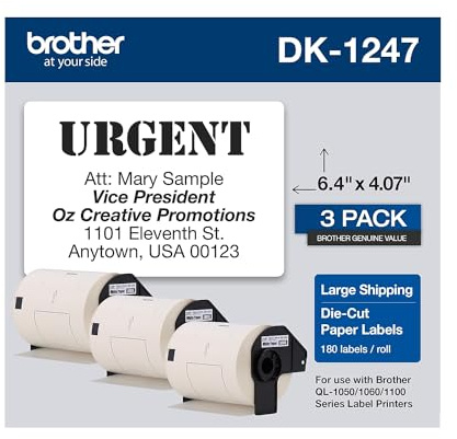 Brother Genuine DK-12473PK Die-Cut Large Shipping Paper Labels, 4.07 in x 6.4 in (103 mm x 164 mm) Large Shipping White Paper Labels, 180 Labels per Roll, (3) Rolls per Box, DK12473PK
