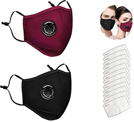 AmyGline 2 Stück Outdoor Baumwolle-Gesichtsschutz-Mundschutz,mit 12 Aktivkohlefilter,Wiederverwendbar,Waschbar,Anti-Staub,Atmungsaktiv,Schwarz,für Motorrad,Laufen (2PC+12 Filter, Schwarz+Rot)