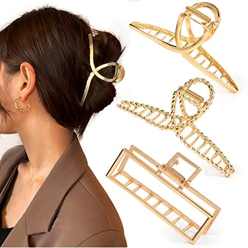 Mehayi Lot de 3 grandes pinces à cheveux antidérapantes en métal doré tendance pour femmes et filles, pour cheveux longs épais et fins