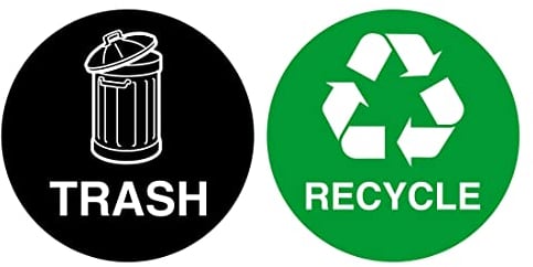 Recycling stickers for bins - Pack of 2 Recycle and Trash recycling signs - 100mm diameter - Self adhesive vinyl stickers