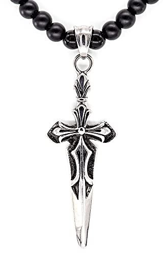 Onyx Kette Halskette Perlen Kette Schwarz Matt 6mm Perlenhalskette Schwert Kreuz Edelstahl