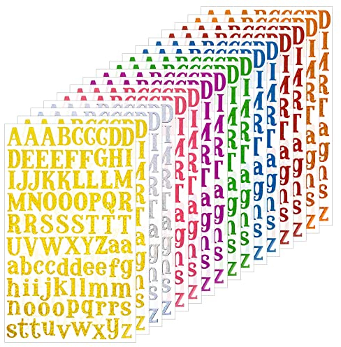 Grevosea 1408 Pieces 16 Sheets Letter Stickers Colorful Alphabet Stickers Holographic Letter Stickers Self Adhesive Vinyl Letter Stickers Decals for Windows Cups Scrapbooking Gifts Box Cards
