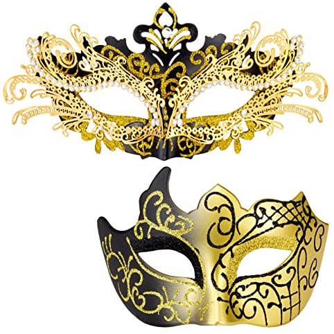 MYSEUNI Maskerade Masken für Paare – Glänzende Strass Metall Filigrane venezianische Maske & Herren Venezianische Maske für Karneval