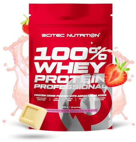 Scitec Nutrition 100% Whey Protein Professional - Amélioré avec des acides aminés supplémentaires et des enzymes digestives - Sans gluten - Sans huile de palme, 1000 g, Fraise - Chocolat blanc