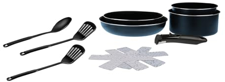 Sitram 714250 Batterie de cuisine 10 pcs Aluminium bleu métal mat : manche amovible, 2 Poêles Ø24,28cm, 2 Casseroles Ø16,20cm, 2 feutrines Ø 24,28cm, 2 spatules, 1 cuillère - tous feux dont induction