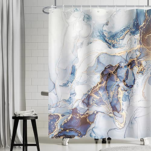 Uiiooazy Rideau Douche Anti Moisissure, Rideau de Douche 180x180cm Bleu Effet Marbre Gris Jaune Moderne Rideaux de Baignoire Tissu Lavable Imperméable Polyester Rideaux Salle de Bain avec 12 Crochets