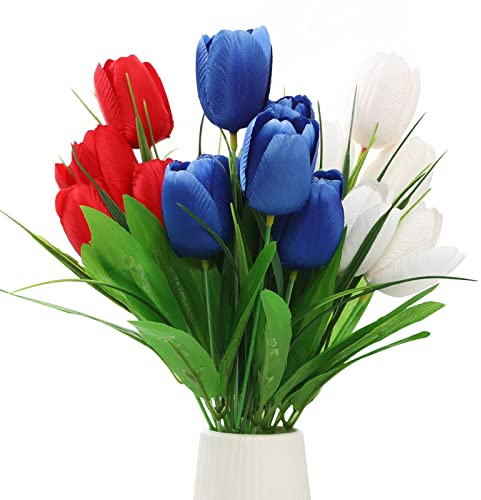 Mokylor 3 Pcs Artificial Tulips Flowers Bouquets for Independence Day Decor, 12.2 Inch Simulation 18 Head Red White Blue Silk Cloth Tulips Flower Bunch for Home Garden Flower Arrangement Pot (#1)