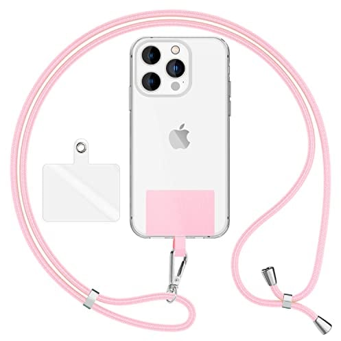 NALIA HoldMe Air Universal-Kette mit Pad, Band für Handy-Hülle zum Umhängen, Karabinerhaken aus Metall (silber), Schlüsselband Umhängeband 160 CM, Crossbody Lanyard mit Schlaufe, Farbe:Pastell Rosa