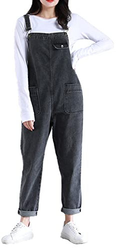 Jamron Donna Taglie Forti Salopette in Denim Stretch Lungo Overall Tuta Intera Jumpsuit Pantaloni Jeans con Pettorina Grigio M