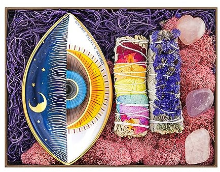 KARMA AND LUCK Evil Eye Salbei Box inkl. 11,4 x 16,5 cm Keramik-Teller mit bösem Blick mit weißen Salbei (Blissful State)