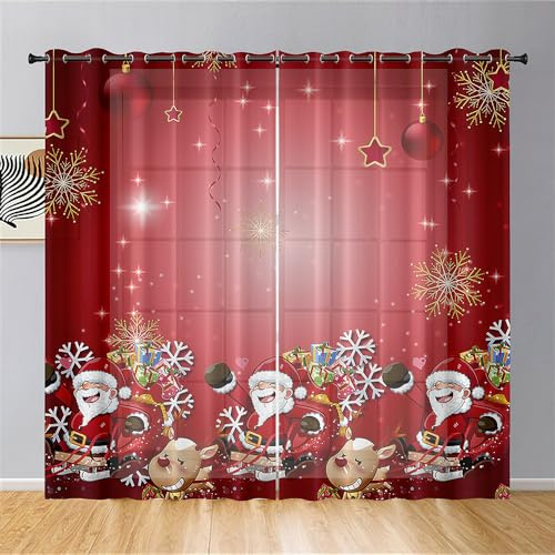 Hiseng Voile Vorhänge mit Ösen, Gardinen Halbtransparent 2er Set, Vorhang Gardinenschals Ösenschal Gardinen Wohnzimmer 3D-Weihnachtsdruck Curtains mit Schlaufen (140x213cm,rote Weihnachten)