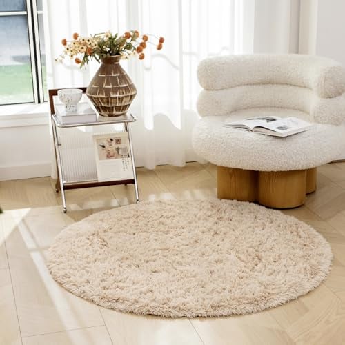 OMERAI Großer Wohnzimmer Teppich - Super Weicher Schlafzimmer Teppich, Waschbar, Antirutsch, Kunstpelz (Beige, 120cm Rund)