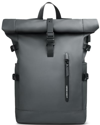 hk Rolltop Rucksack Groß 23 L Wasserdichte Laptop Rucksack Herren Damen 15,6 Zoll mit USB-Anschluss Schulrucksack Leicht Fahrradrucksack Anti-Diebstahl Reiserucksack für Business Uni Freizeit - Grau