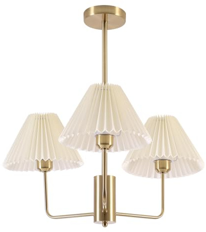 KCO Lighting 3-flammiger plissierter Kronleuchter, weißer Stoff, Pendelleuchte, Mitte des Jahrhunderts, moderner goldener Sputnik-Kronleuchter, Vintage-Kronleuchter für Esszimmer, Schlafzimmer