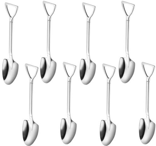 Juego de 8 cucharas de pala de acero inoxidable con forma de pala plateada, mini cuchara para mezclar postres para fiestas, hogar, cocina