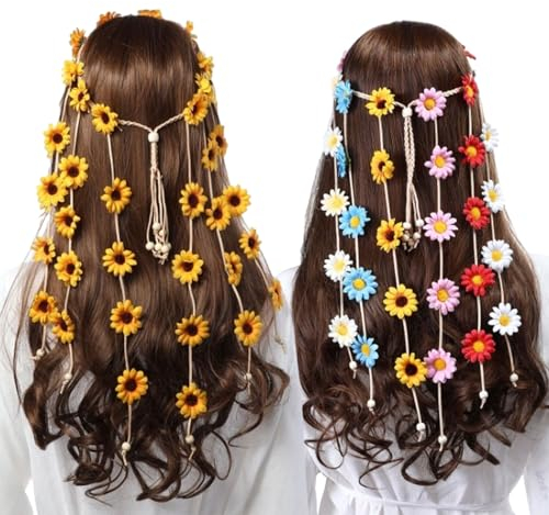 EUPSIIU 2 Stück Sonnenblumen Haarschmuck Blumen Stirnband Gänseblümchen Blume Krone Haar Kranz Braut Kopfschmuck Haarband, Sonnenblumen Haarreif, Floral Hippie Accessoires für Kostüm Party