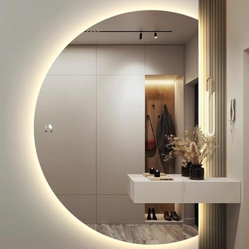 LED-Schminkspiegel, 71,1 x 109,2 cm, Halbkreis, Wandhalterung, beschlagfrei, Badezimmerspiegel, 3-farbig, dimmbar, Smart Touch, rahmenlos, volle Länge, Make-up-Spiegel, 81,3 x 119,4 cm, halbrunde