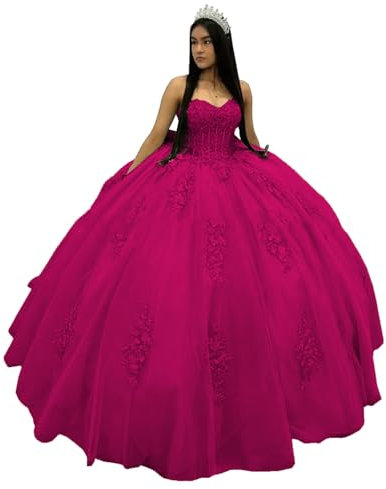 CLcaojun Vestidos de quinceañera con apliques de encaje, vestido de baile de tul con hombros descubiertos, vestido de graduación 2024, vestidos de fiesta de 15 a 16 para mujer, fucsia, 36