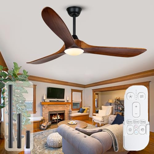 OUENGK Ceiling Fans with Lights and Remote, 60 Inch Wood Ceiling Fan with Dimmable LED Lights, 3 Blades 6 Speeds Quiet Reversible Ceiling Fan for Bedroom, Living Room, Outdoor Patio, Porch