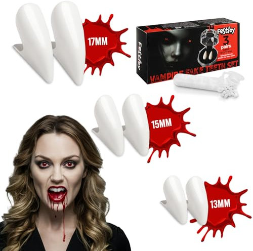 FESTICY Set 3 Paia Denti Vampiro Riutilizzabili - Misure 13mm, 15mm, 17mm - Con Colla Inclusa - Per Bambini e Adulti - Perfetti per Costume Vampiro Bambino e Dentiera Vampiro Halloween 👻🦇