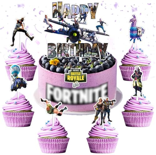 Ctxtqtdt Fortnit Tortendeko Jungen Nicht essbare, Fortnit Kuchen Deko Kindergeburtstag, Cake Topper Set, Happy Birthday Topper für Kinder Geburtstag Party Kuchen Dekoration Supplies (A)