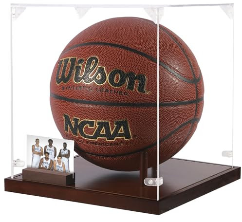 Transparente Acryl-Basketball-Vitrine, 25,9 cm, mit Massivholzsockel, Fotoständer und Eckenschutz für Erinnerungsstücke in voller Größe
