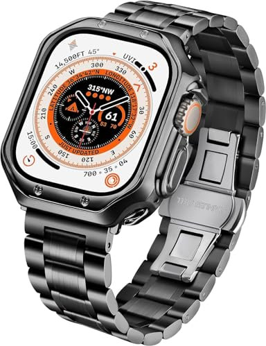 BINLUN Métal Bracelets Compatible avec Apple Watch Ultra/Ultra 2 49mm Bracelet en Acier et Boîtier pour Apple Watch Coque en TPU et Bracelet pour iWatch - Femme Homme (Noir)