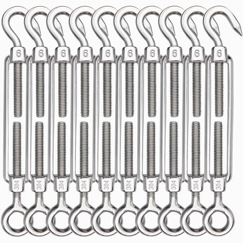 TooTaci M6 Stainless Steel Turnbuckle Hook & Eye, Heavy Duty Wire Tensioner, 10-Pack for Cable, Garden, Fence, and Hanging Wires