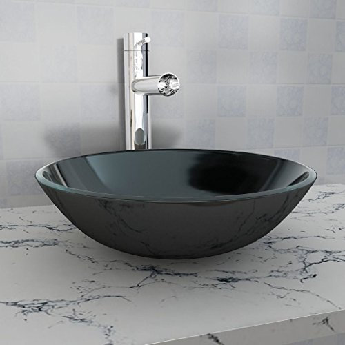 LAPOOH Lavandino in Vetro Temperato 42 cm Nero,Lavandino,Lavandino Bagno,Lavandino in Vetro,Attrezzature per Bagni-142231