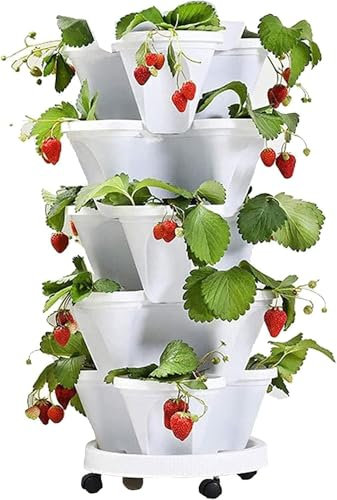 YangHaoDiSY Maceta apilable, maceta vertical de jardín apilable con un organizador flexible para plantas con 4 ruedas para fresas, flores (5 niveles/blanco)