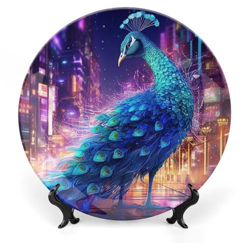 Pfau Keramik Deko Teller, Pfau Dekorative Schale mit Ständer, Schöne Vogel Knochen China Dekorative Teller Kunst Porzellan Teller für Wohnzimmer Flur Tischdekoration