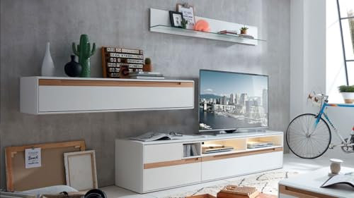 Möbel Akut Wohnwand Anbauwand Light Line 5 Eiche massiv und weiß matt lackiert TV-Board