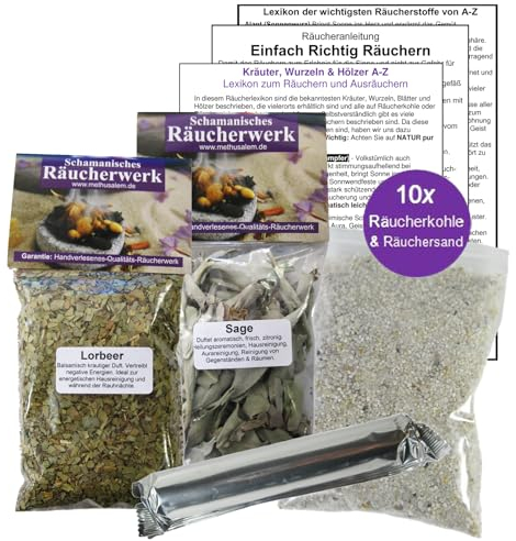 LORBEER Lorbeerblätter & weißer Salbei zum räuchern 2 x 60ml Räucherwerk 6-TLG Räucher-Set mit Räucherwerk für Hausreinigung & Rauhnächte inkl Räucherkohle + ZUBEHÖR. 81890-35