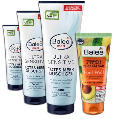 Baler 4er Set: Duschgel Totes Meer Ultra Sensitive, 3 x 250 ml, Mit Mineralien aus dem Toten Meer + Fußcreme 100 ml.