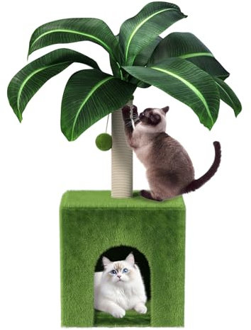 Arbre à chat avec niche, arbre à chat en forme de tour de palmier en sisal naturel, lit pour chat et chat