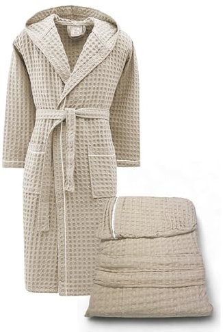 Tex family Accappatoio Uomo Donna in Cotone con Cappuccio, BEE Apone Nido d’Ape, Colore Beige, Asciugatura Rapida, Morbido - XL