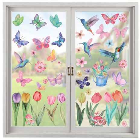 8 Blatt Fensterbilder Doppelseitig Blumen, Frühling Fenstersticker Blumen | Wiederverwendbar, Selbstklebend, Aufkleber Deko Frühling Sommer