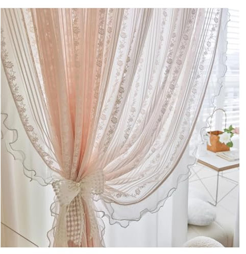 AHUFGN Rüschen Vorhänge Romantische durchsichtige rosa Rüschenvorhänge for Mädchenschlafzimmer, Prinzessinnen-Stil, Erkerfenstervorhänge, Wohnzimmer, Schiebetüren(Rod Pocket_1PC W100 X H180CM)