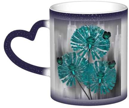 KHDKLXOHZ Keramik-Kaffeetasse mit süßem grauem Blaugrün, Blume, Schmetterling, 325 ml, Farbwechsel, wärmeempfindliche Tassen mit Herzgriff und 3D-Muster, lustiges Geschenk für Kaffee und Tee