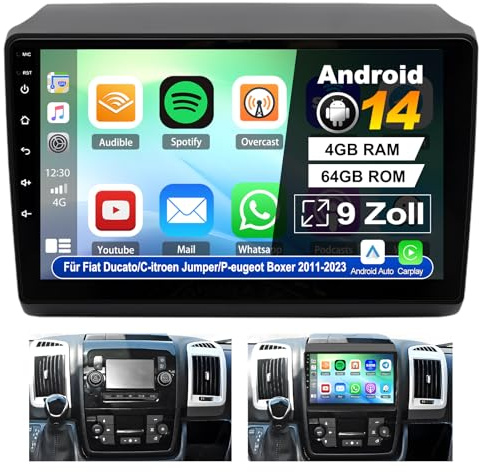 4+64G Android 14 Autoradio 2 Din für FIAT Ducato/C-itroen Jumper/P-eugeot Boxer 2011-2023 mit Carplay Android Auto with 9 Zoll Touchscreen Bluetooth DAB+ GPS WiFi FM RDS EQ Rückfahrkamera
