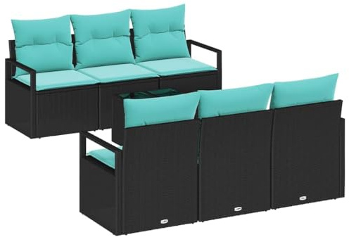 vidaXL Sofa Set mit Kissen 7 pcs Schwarz und Türkis Poly Rattan, Garten- und Terrassenmöbel, Rechteckige modulare Lounge-Einheit, UV-beständiges Sofa für Entspannung