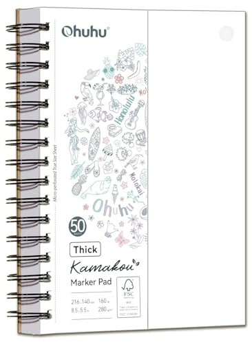 Ohuhu Skizzenbuch A5 - Doppelseitig Durchschlagfest, 280 g/m² superdickes Papie (50 Blatt/100 Seiten), Spiralgebundener Zeichenblock für Alkoholmarker Aquarell, Illustration & Skizzen, Hochformat