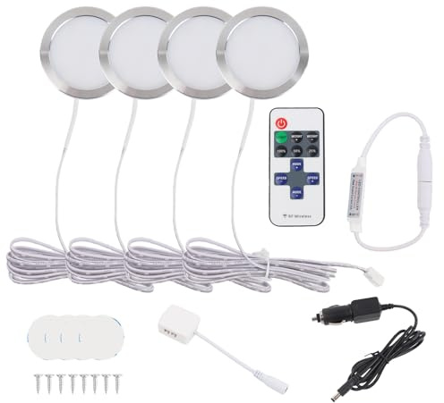 Sepzlly Lot de 4 Spotlights LED Intérieurs 12V Camping-Car Dimmables avec Télécommande Adaptateur Séparateur 6000K Blanc Froid 2W pour T4 T5 Bateau Argenté